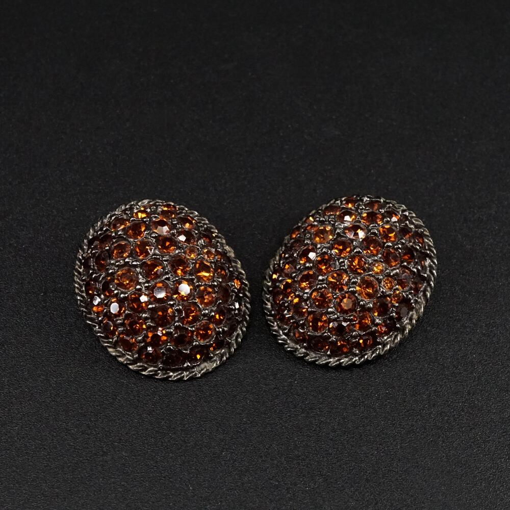 Vintage Pave Rhinestone Chunky Clip Earrings Brown Amber-Tone Domed Cluster Oval